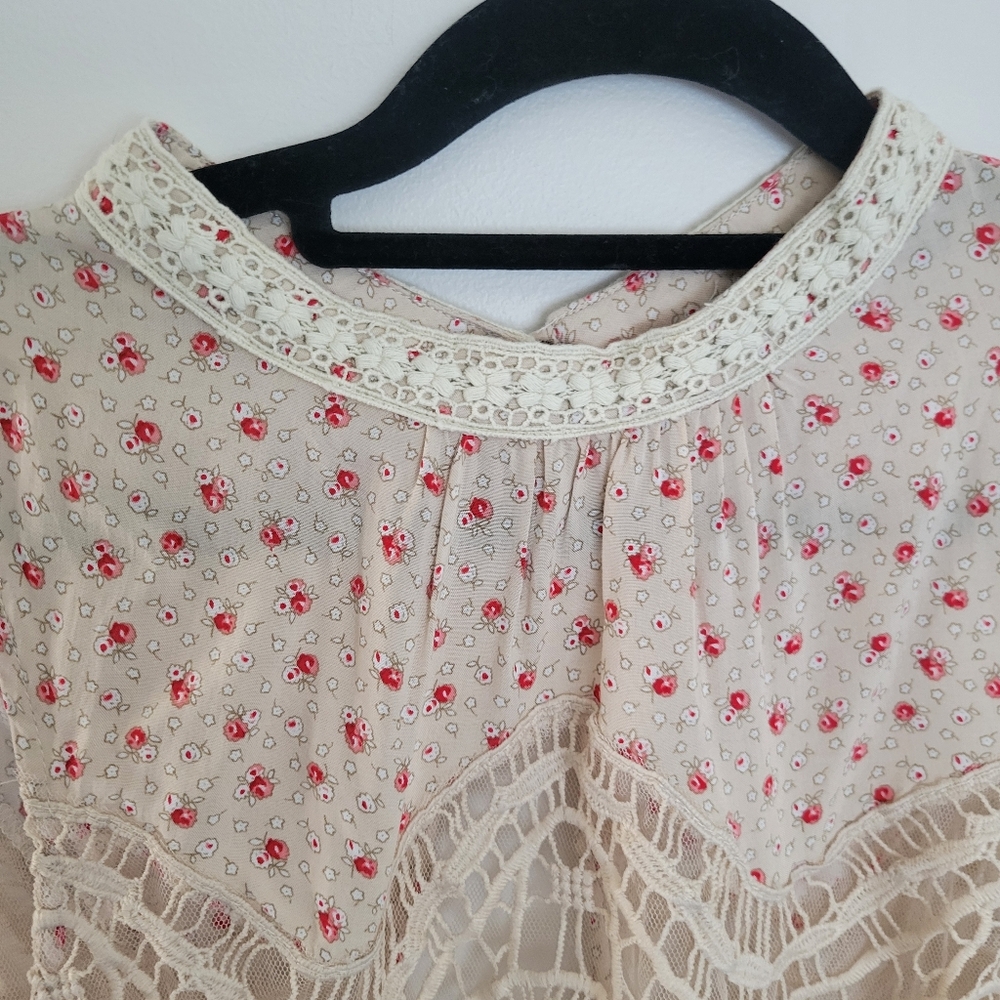 Flowy High Neck Illusion Bodice Floral Dress Sz L